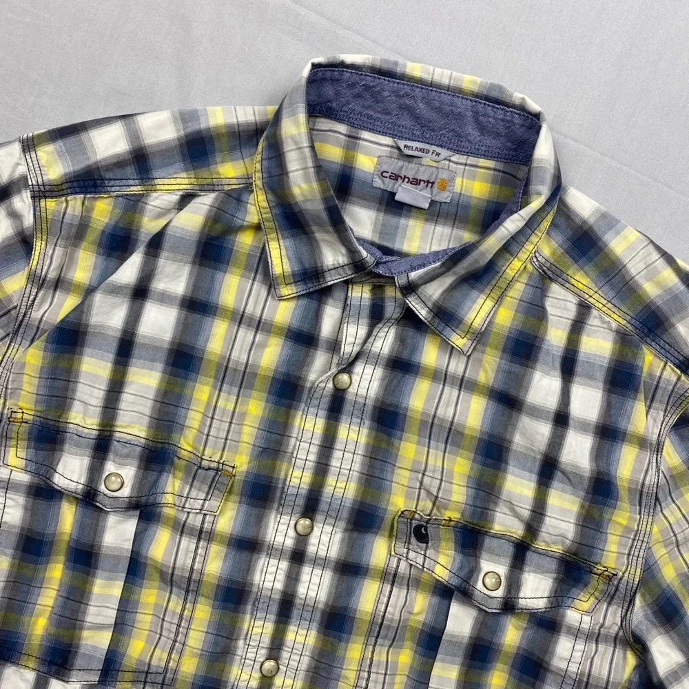 Carhartt Relaxed Fit Plaid Button Down Shirt Mens‎ Medium Yellow Blue Casual